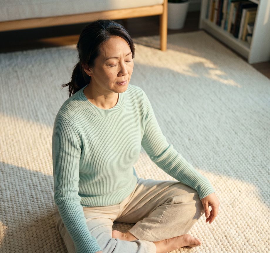 A woman sitting calmly on a rug at home