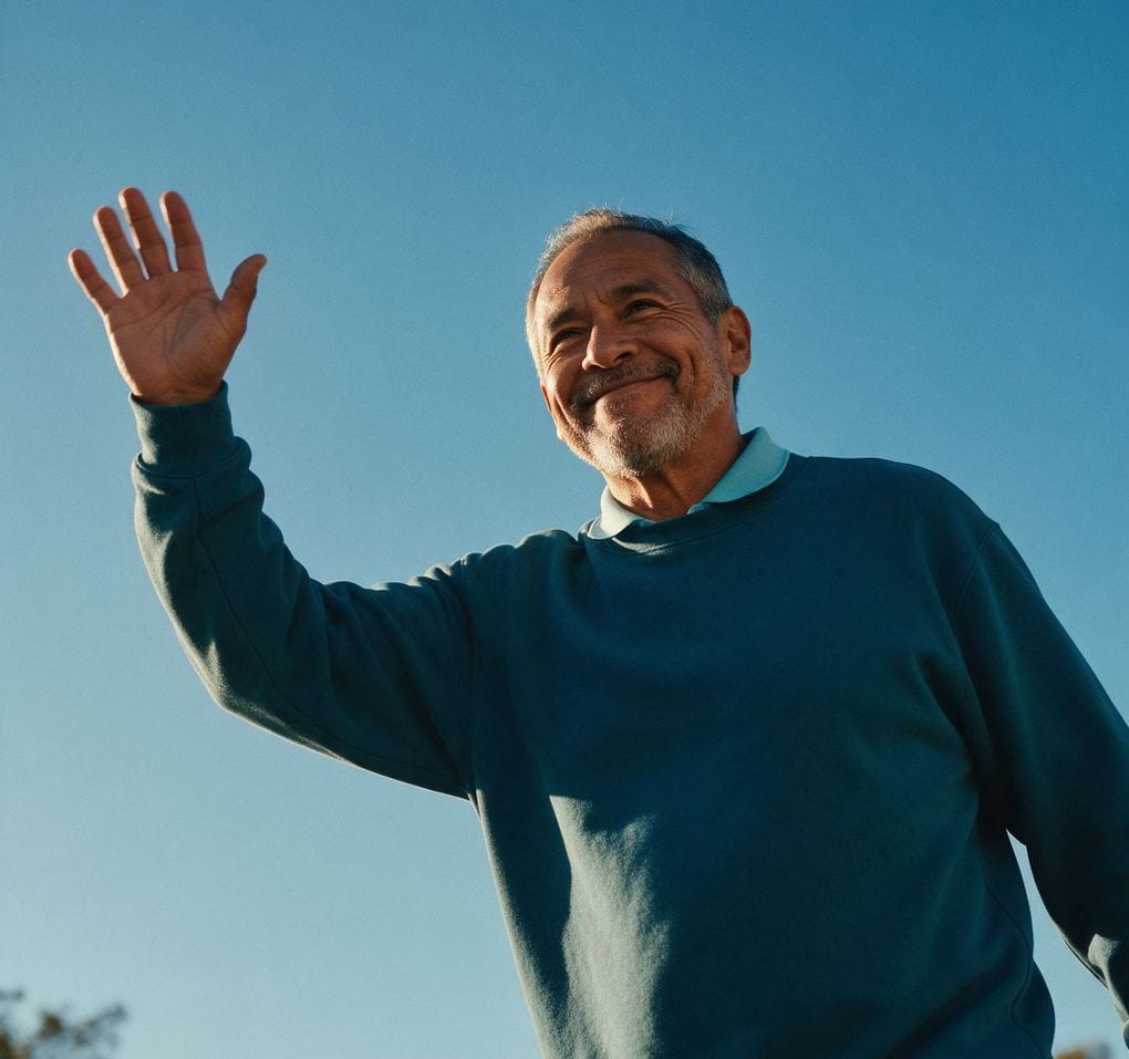 A smiling man waving against the sky