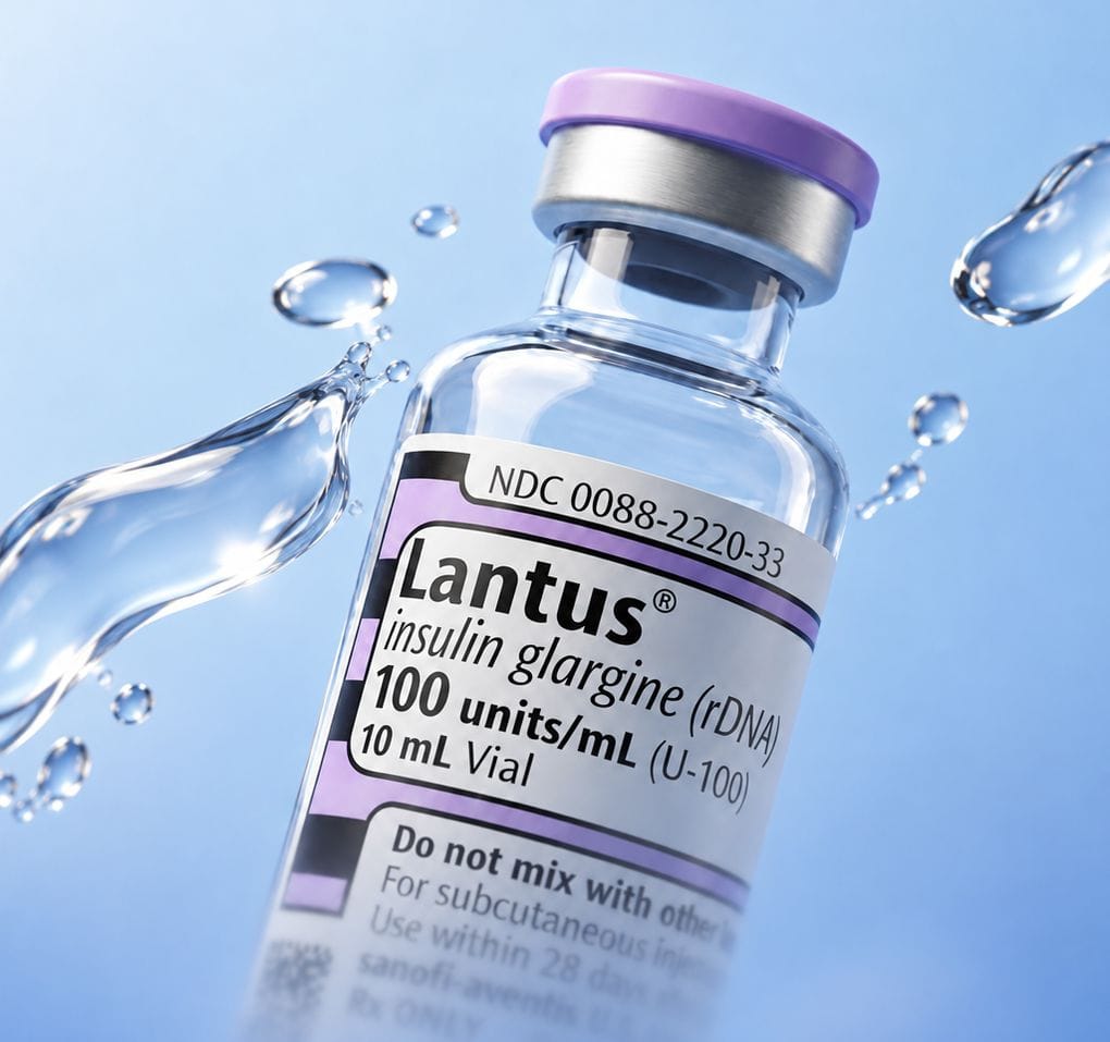 Lantus vial label close-up with water droplets